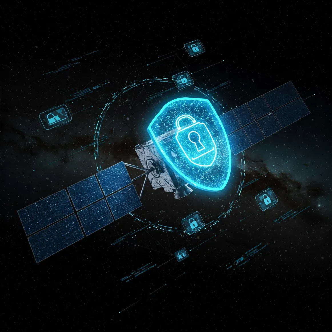 Satellite in Space with Cybersecurity Protection